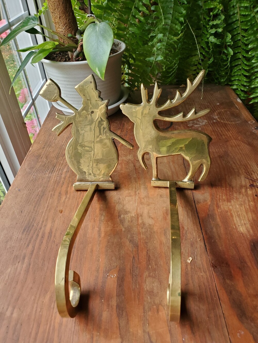 Vintage Brass Christmas Stocking Holders Set Reindeer Snowman Mantel Hooks
